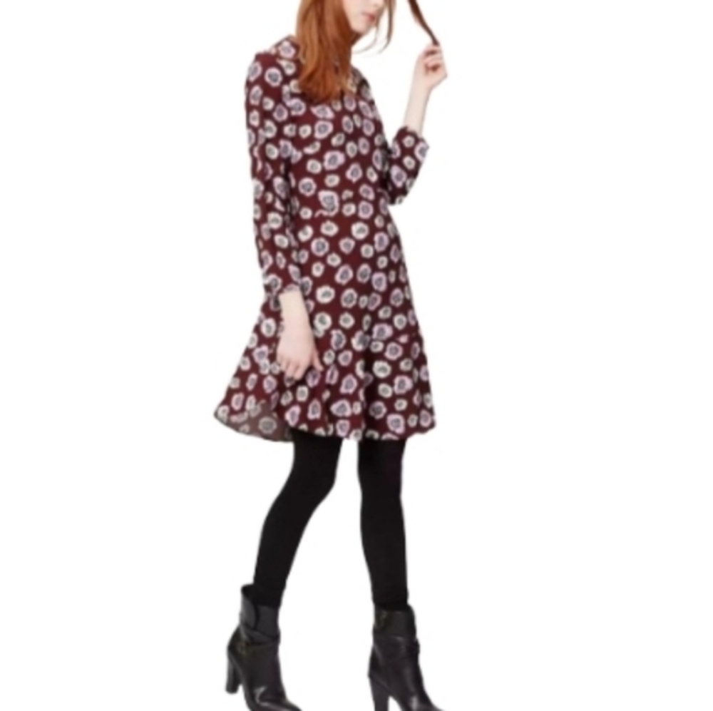 LOFT Petites Burgundy Floral Print Long Sleeve A Line Dress 10P New